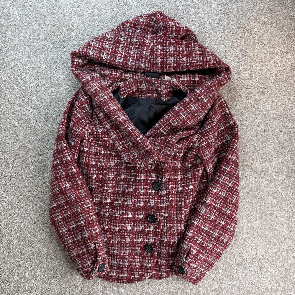 BDG Jacket Womens Medium Red Plaid Tweed Hooded Button Front Short Lined